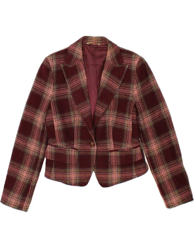 STEFANEL Womens Crop 1 Button Blazer Jacket EU 42 Large Maroon Check Lace Jacket Ribbed Jacket Sequined Jacket