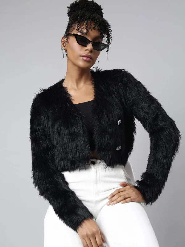 Women Solid Black Crop Front-Open Sweater-CHN-1168-Black Mesh Sweater Canvas Denim