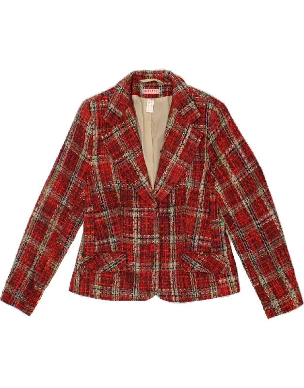 VINTAGE Womens 2 Button Blazer Jacket UK 14 Large Red Check Polyacrylic Front Pockets Side Pockets Patch Pockets