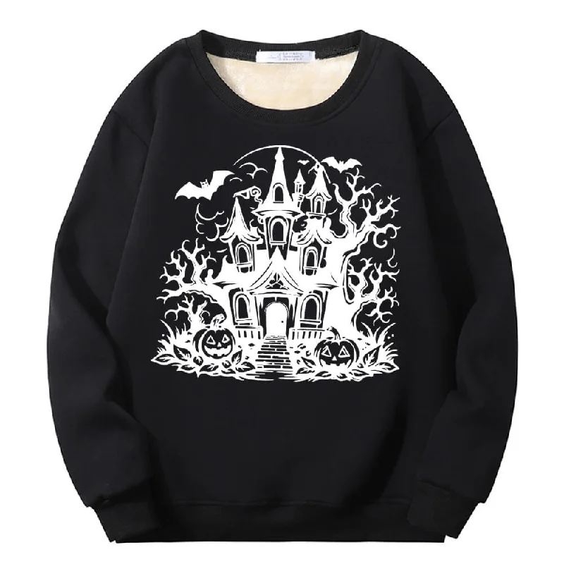 Multicolor Haunted House Crew Collar Fleece Sherpa Sweatshirt Hoodie with Snap Buttons Easy Quick
