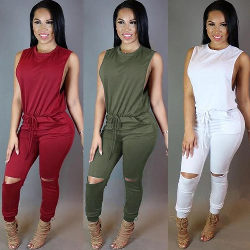 Women Jumpsuit Bodysuit Bodycon Drawstring Sleeveless One Piece Pant Hollow Plus Size Rompers Trendy Lace-Up Bodysuit