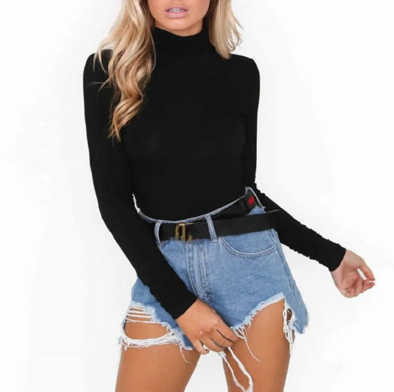 Hot Fashion Turtleneck Bodysuit Women Ladies Slim Stretch Leotard Long Sleeve Body Bodysuits Black White Rompers Womens Jumpsuit Comfortable Full-Sleeve Bodysuit