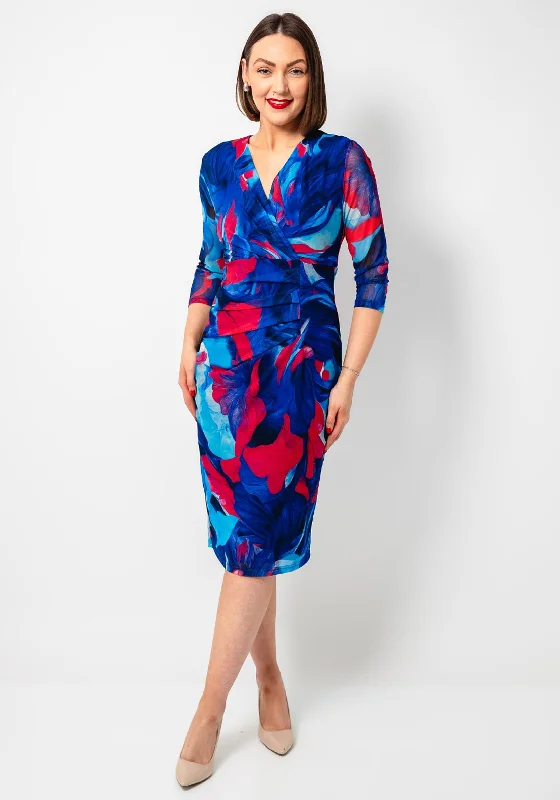 Avalon Floral Print Mesh Wrap Pencil Dress, Blue Tunics Evening elegant