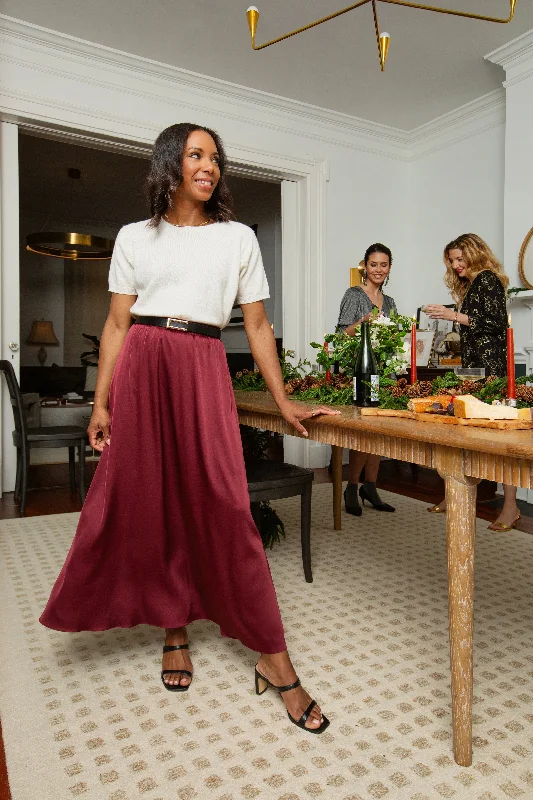 Mira Skirt in Pinot Silky Stretch Satin pleated skirt texture