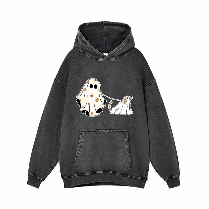 Ghost With Ghost Dog Vintage Washed Hoodie Hoodie with Hem Patch Decorative Personalized