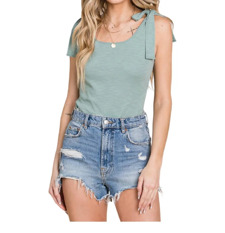 Shoulder Tie Bodycon Bodysuit In Light Jade Comfortable Printed Bodysuit