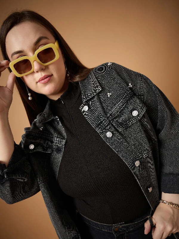 Women Black Wash Denim Jacket Fleece Jacket Down Jacket Feather Jacket