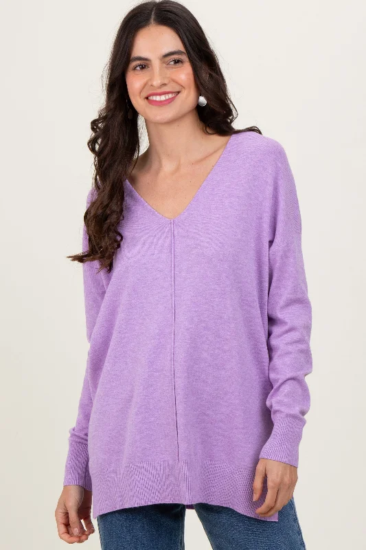 Lilac Front Seam V-Neck Side Slit Sweater Striped Floral Plaid
