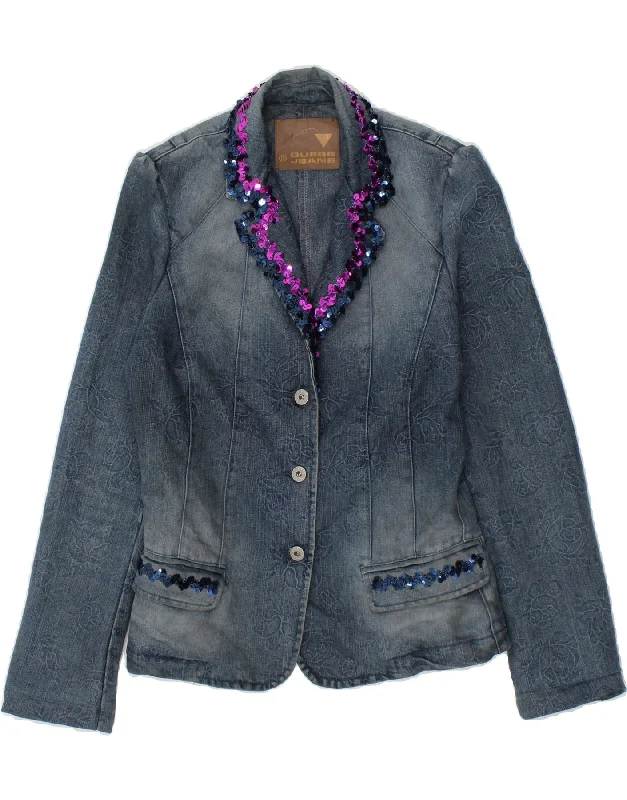 GUESS Womens Denim 3 Button Blazer Jacket UK 14 Large Blue Floral Cotton Corduroy Jacket Velvet Jacket Brocade Jacket