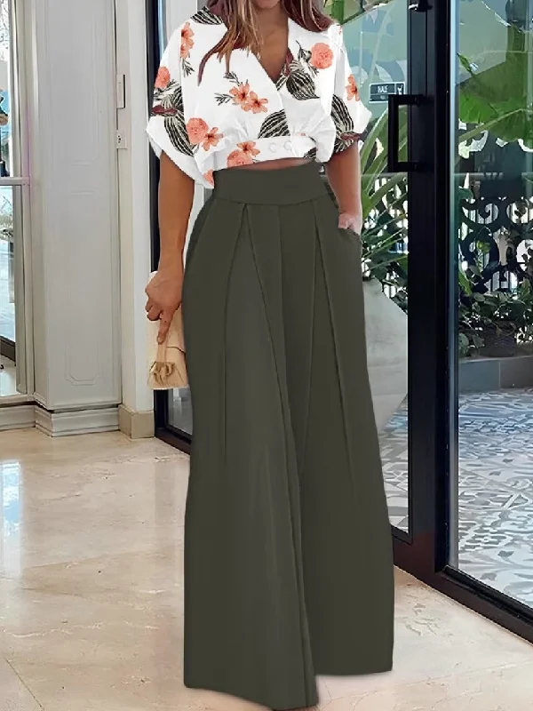 2 Pcs Women's Short Sleeve Geometry Pants Set M 458537 High-Waist Jeans