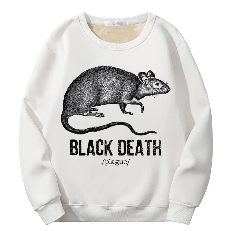 Multicolor Black Death Rat Plague Crew Collar Fleece Sweatshirt Hoodie with Rolled Sleeves Casual Relaxed