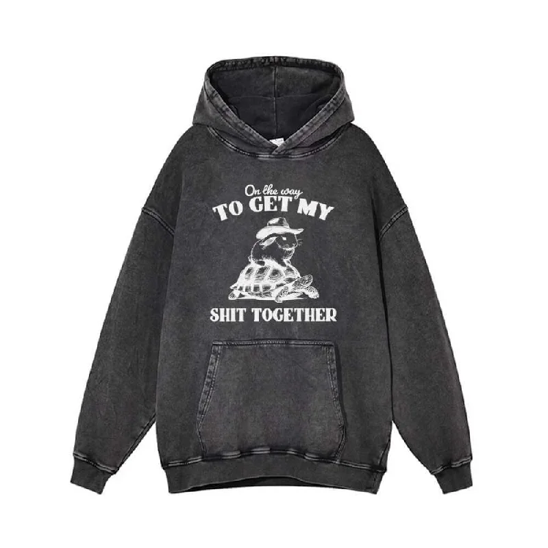 On The Way To Get Raccoon and Rabbit Vintage Washed Hoodie Hoodie with Hem Drawcord Adjustable Customizable