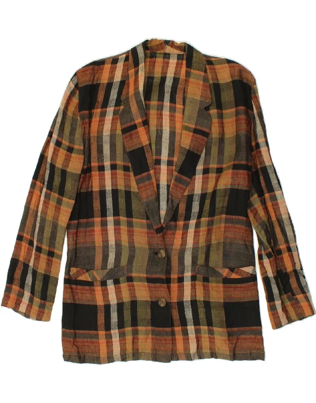 VINTAGE Womens 2 Button Blazer Jacket IT 44 Medium Brown Check Linen V-Neck Jacket Boat Neck Jacket Square Neck Jacket