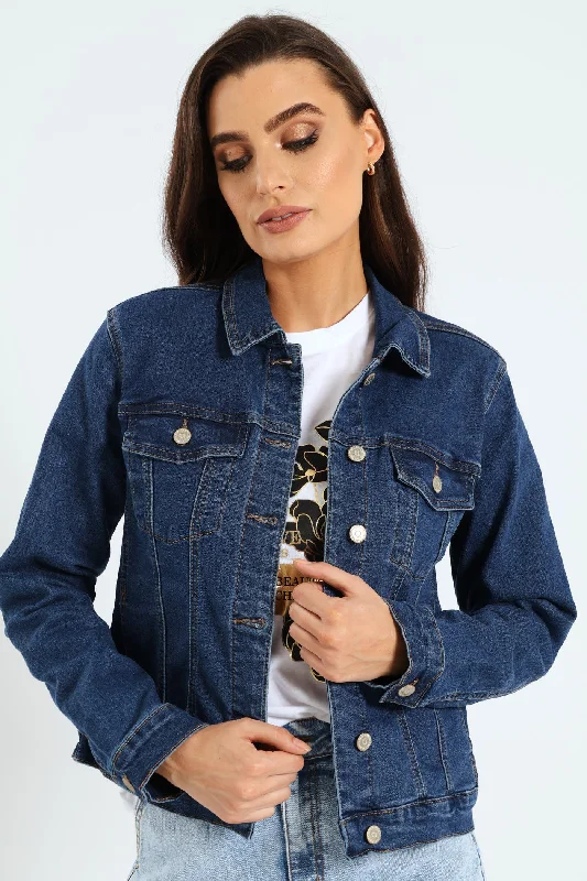 Long Sleeve Classic Denim Trucker Jacket - Dark Wash Ink Fleece Fabric Down Fabric Feather Fabric