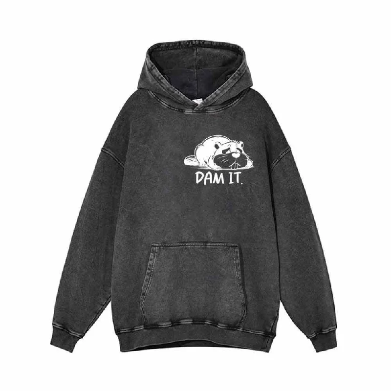 Dam It Cat Vintage Washed Hoodie Hoodie with V-Neck Classic Versatile