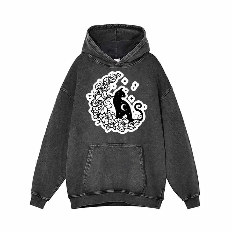 Mystical Cat On The Flower Moon Vintage Washed Hoodie Hoodie with Full-Zip Functional Layering