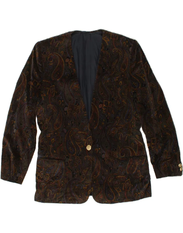 VINTAGE Womens 1 Button Blazer Jacket UK 14 Medium Brown Paisley A-Line Jacket Boat Neck Shawl Collar