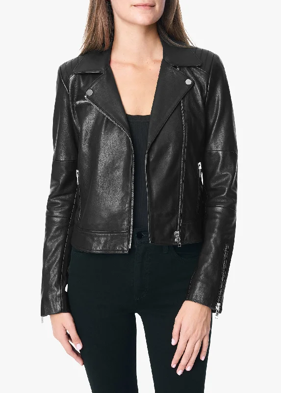 DYLAN LEATHER ZIP MOTO JACKET A-Line Jacket Boat Neck Shawl Collar
