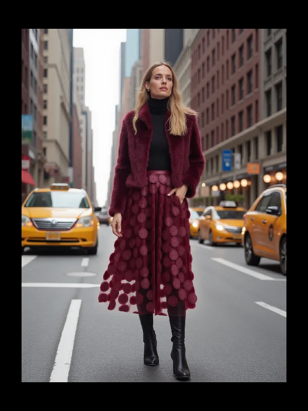 3D Polka Dot Appliqué Midi Skirt - Burgundy denim skirt stylish