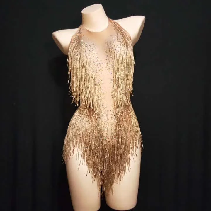 Sparkly Gold Rhinestones Tassel Bodysuit One Piece Leotard Dance Wear Singer Crystals Costume Comfortable T-shirt Bodysuit