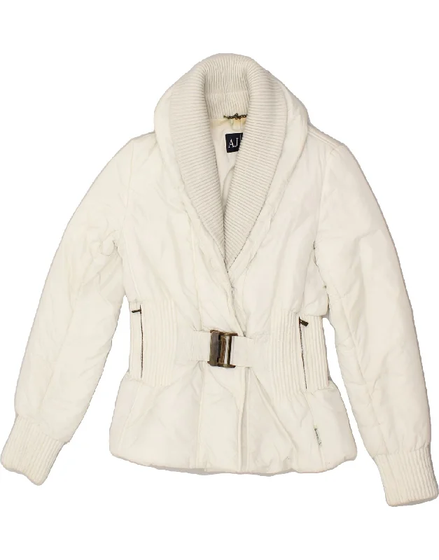 ARMANI JEANS Womens Padded Jacket EU 44 XL White Polyamide Jersey Jacket Tulle Jacket Batik Jacket
