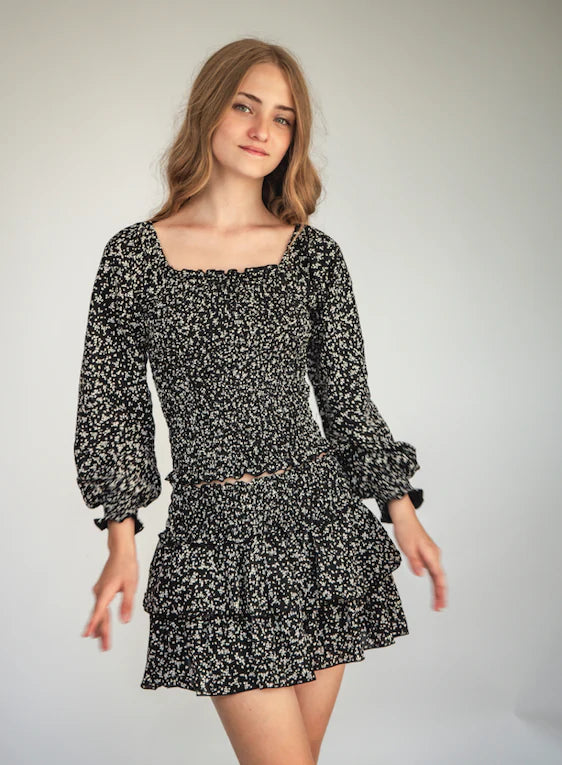 Smocked Skirt - Black Floral leather skirt bold