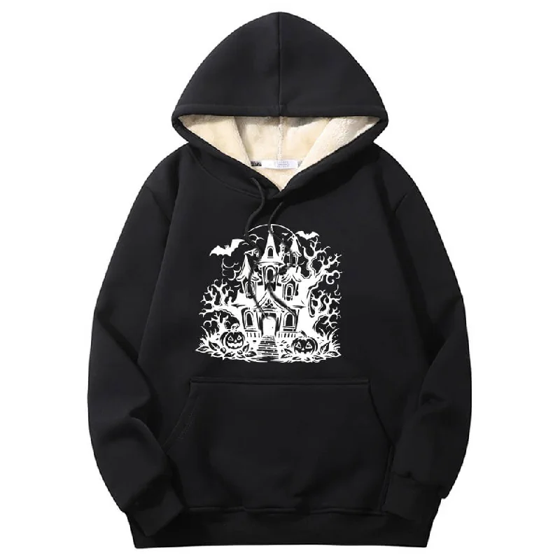 Multicolor Haunted House Warm Fleece Sherpa Lined Hoodie Hoodie with Hem Applique Textured Unique