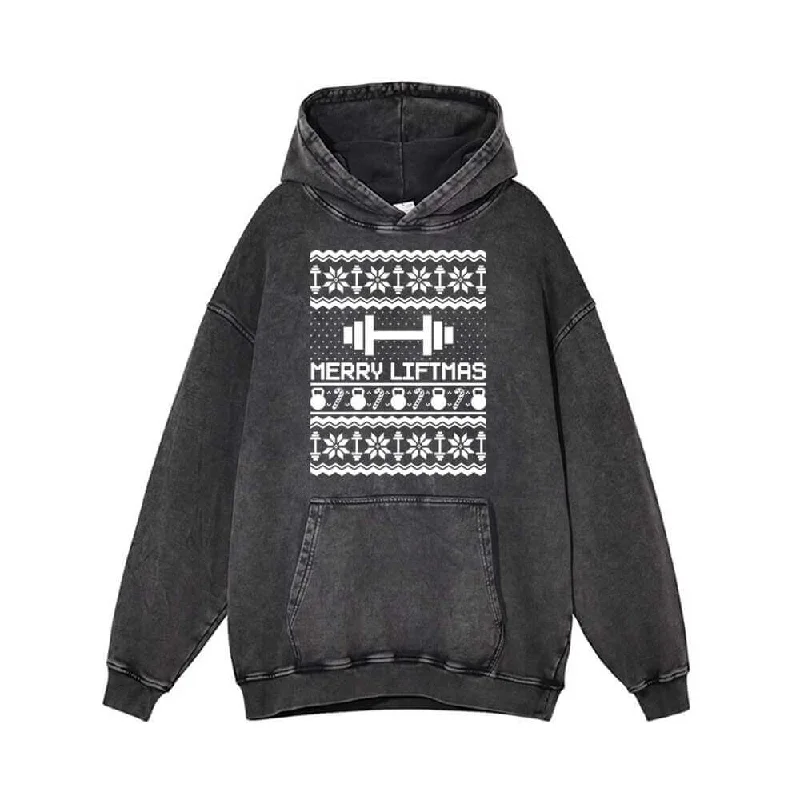 Merry Liftmas Dumbbell Pattern Vintage Washed Hoodie Hoodie with Zipper Placket Modern Functional