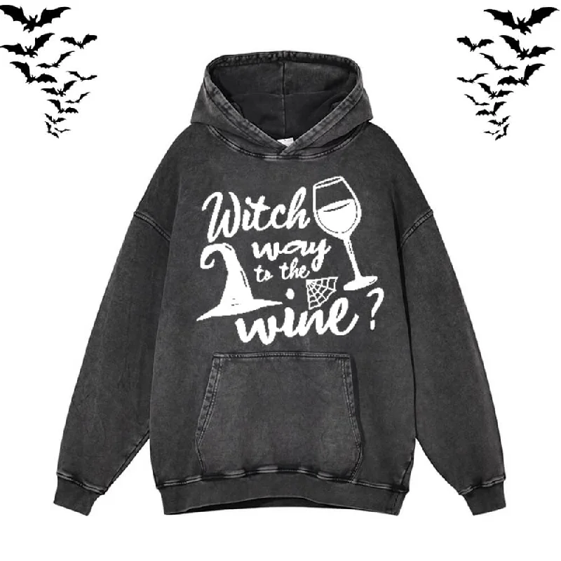 Funny Witch Wine Vintage Washed Hoodie Sweatshirt Hoodie with Drawcord Adjustable Secure