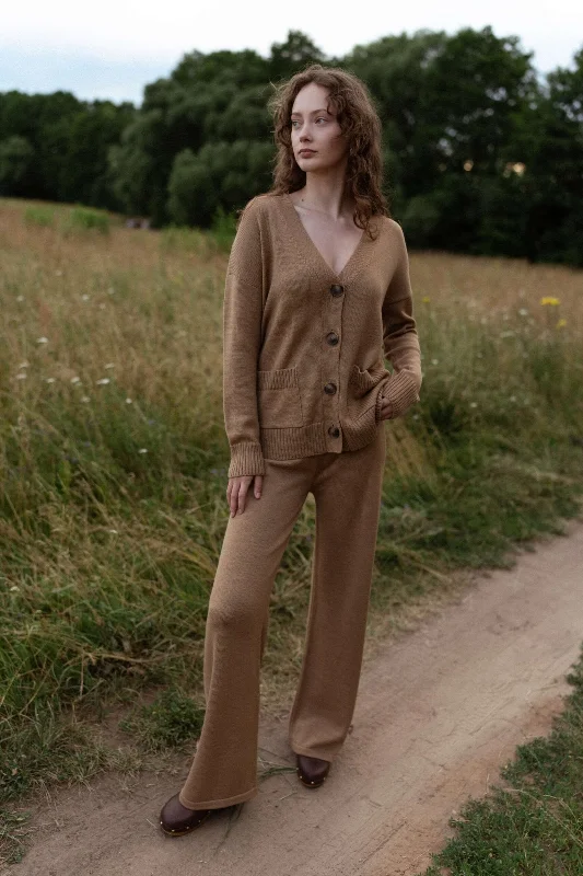 Merino Wool Wide-Leg Knitted Pants Camel High-Waist Jogger Pants
