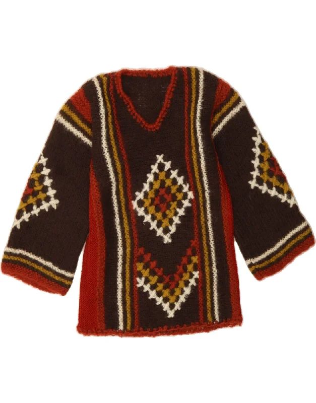 VINTAGE Womens V-Neck Jumper Sweater UK 12 Medium Brown Geometric Print Jacquard Patchwork