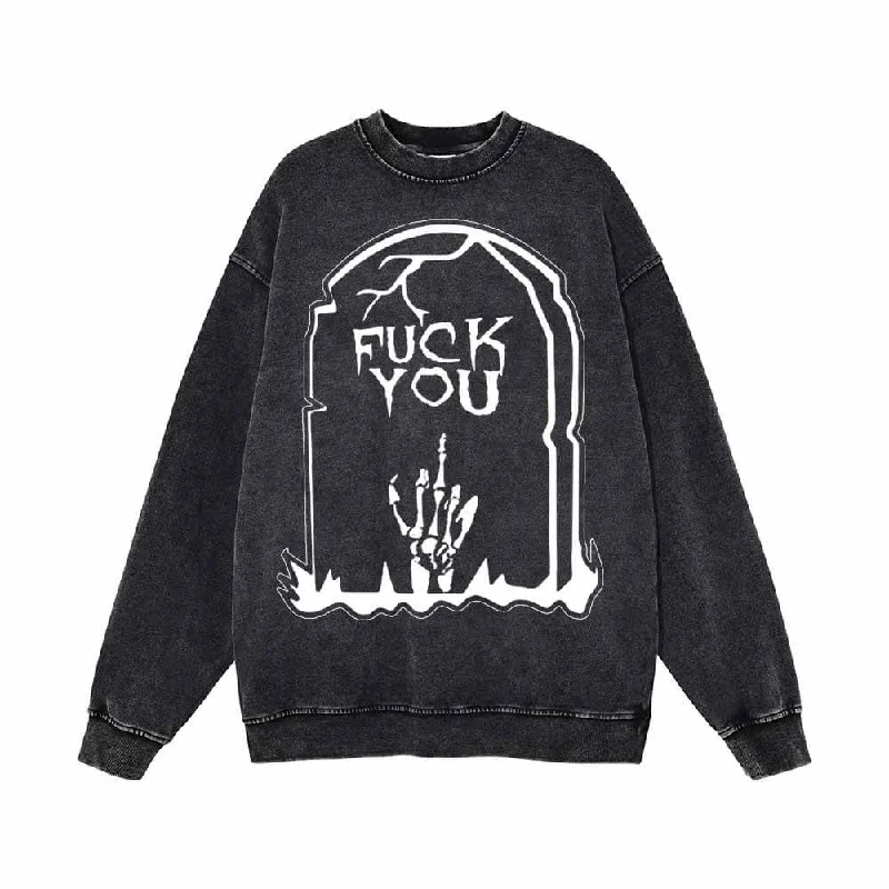 Fuck You Skull Grave Vintage Washed Sweatshirt Hoodie with Pastel Soft Subtle