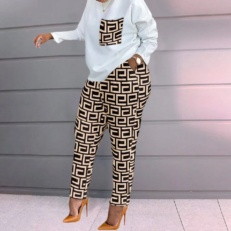 2 Pcs Women's Long Sleeve Colorblock/ Stitching Color Pants Set 459879 High-Waist Trousers