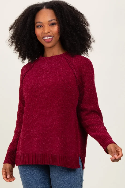 Burgundy Raglan Knit Sweater Denim Fabric Leather Fabric Suede Fabric