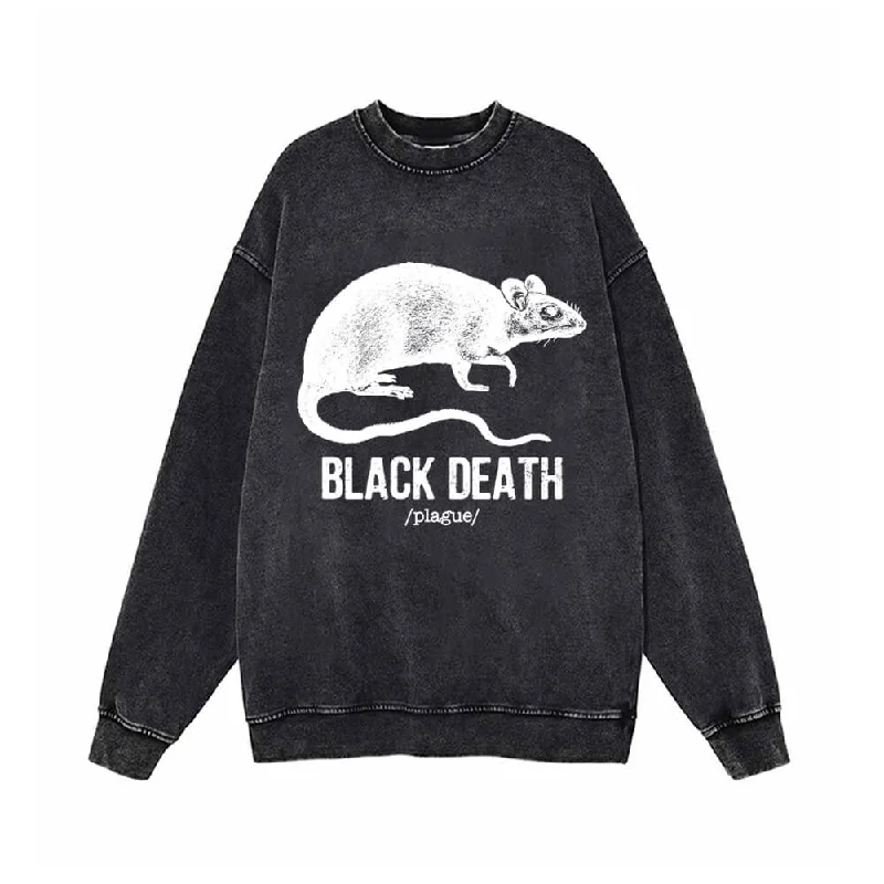 Black Death Rat Plague Vintage Vintage Washed Sweatshirt Hoodie with Drop Shoulder Relaxed Streetwear