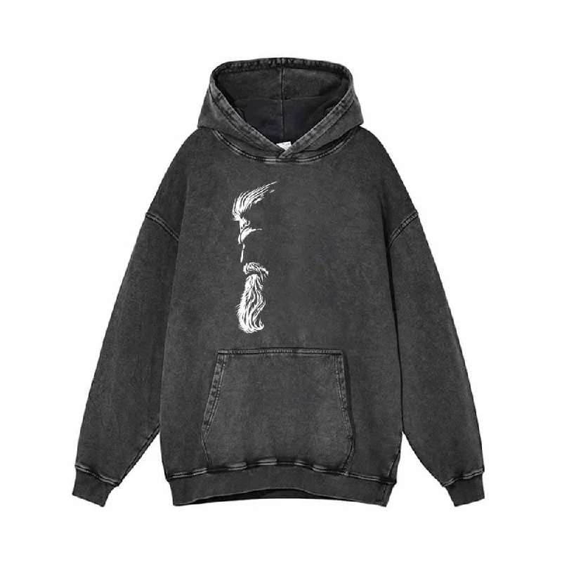 Bearded Odin Facial Contour Vintage Washed Hoodie Hoodie with Hem Fringe Bohemian Relaxed