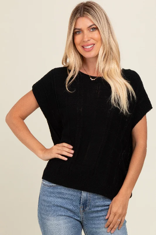 Black Knit Short Sleeve Sweater Top High Neck Crew Neck V-Neck