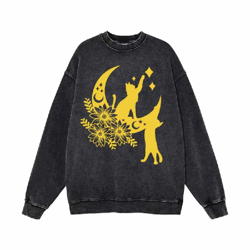 Floral Cats with Moon Star Vintage Washed Sweatshirt Hoodie with Cropped Fit Short Trendy