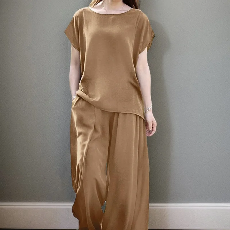2 Pcs Women's Short Sleeve Solid Color Pants Set 2XL 425755 Elegant High-Waist Pants