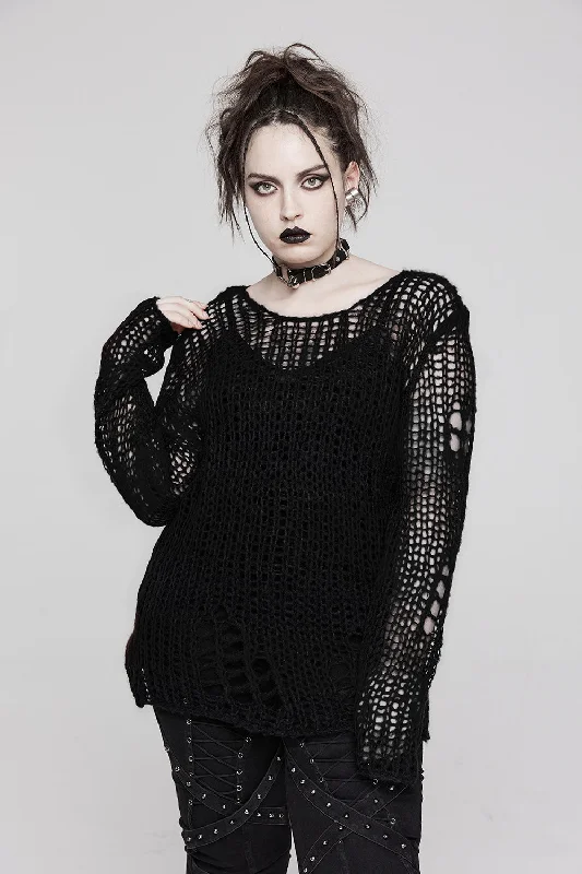 Decayed Distressed Sweater [BLACK] Chenille Fabric Brocade Fabric Lace Fabric