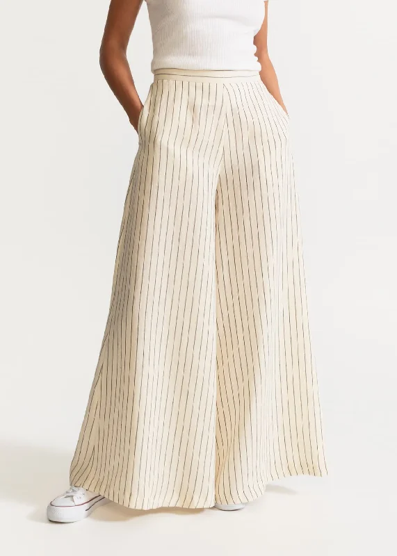 Women's Palazzo Linen Pants  White Stripes Stretch Fit Pants