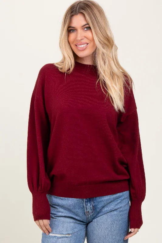 Burgundy  Fine Knit Balloon Sleeve Sweater Glossy Satin Silk