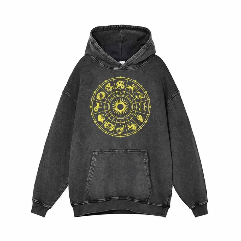 Zodiac Signs Astrology Wheel Vintage Washed Hoodie Hoodie with Exposed Zipper Edgy Industrial