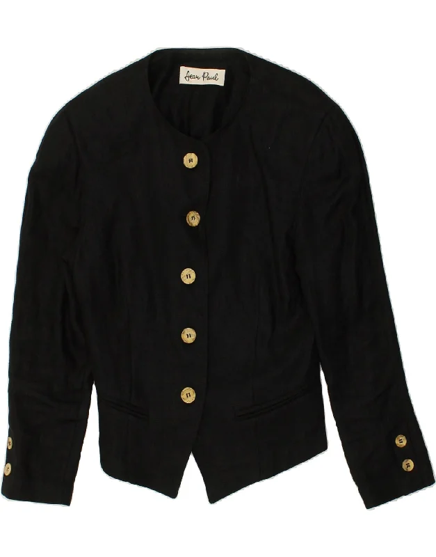 JEAN PAUL Womens 5 Button Blazer Jacket UK 10 Small Black Linen Belted Jacket Elasticated Jacket Padded Jacket