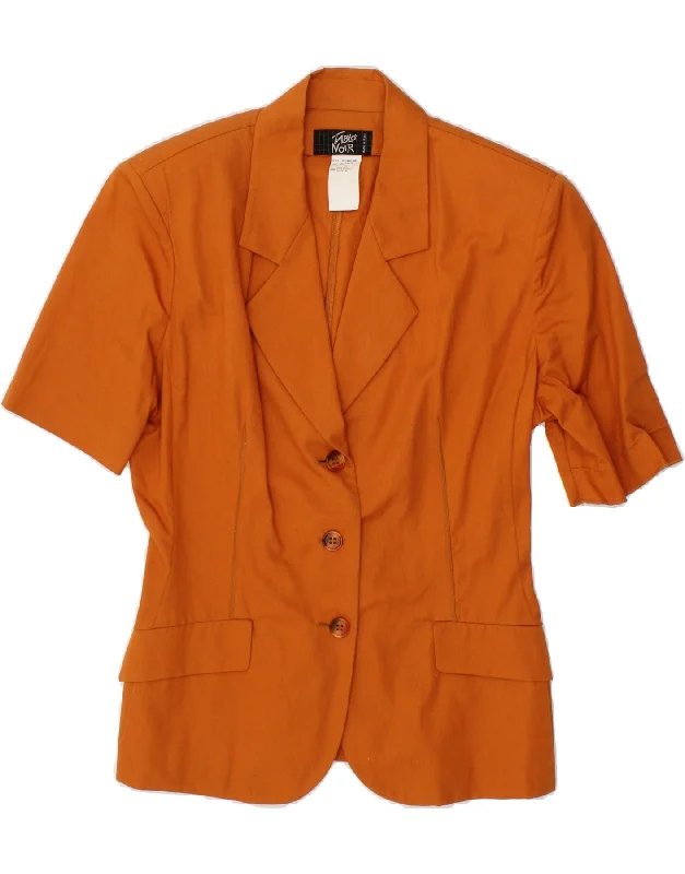 VINTAGE Womens 2 Button Short Sleeve Blazer Jacket UK 12 Medium Orange Boat Neck Shawl Collar Notched Collar