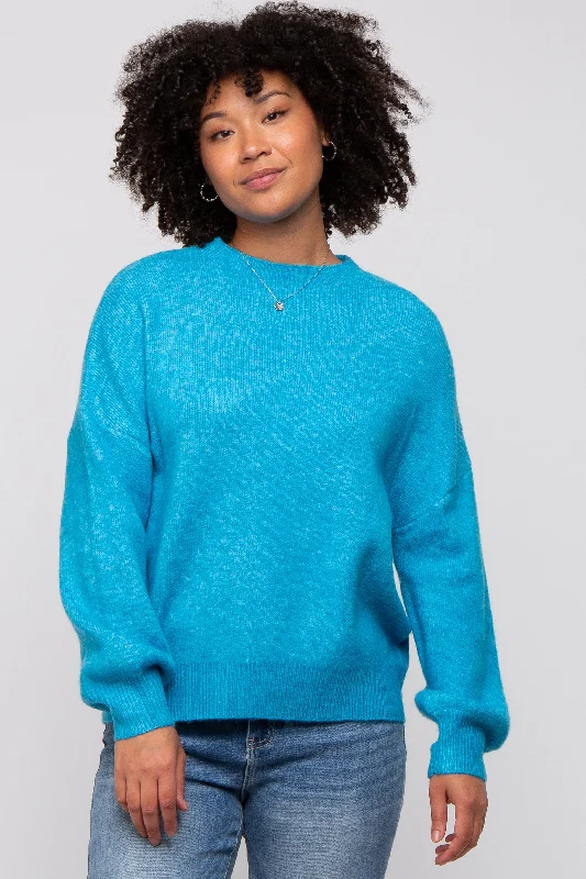 Blue Bubble Sleeve Sweater Real Fur Shearling Chenille