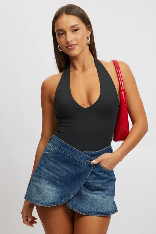 Black Halter Bodysuit Supersoft Elegant Long Sleeve Bodysuit