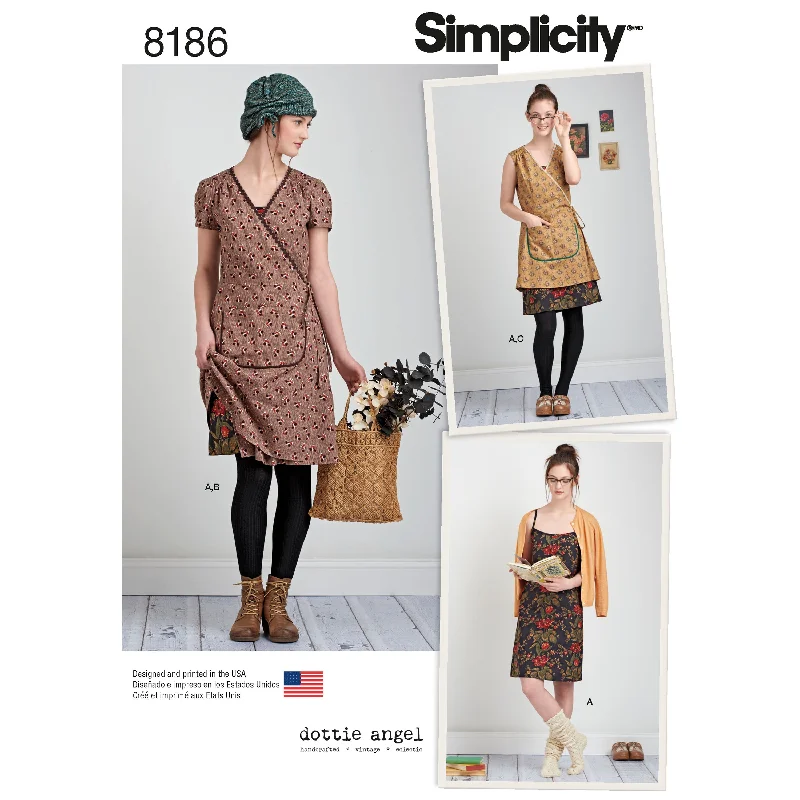 Simplicity Pattern 8186  Women's Dottie Angel Frock: Wrap & Slip Dress Off-the-shoulder Chic Trendy