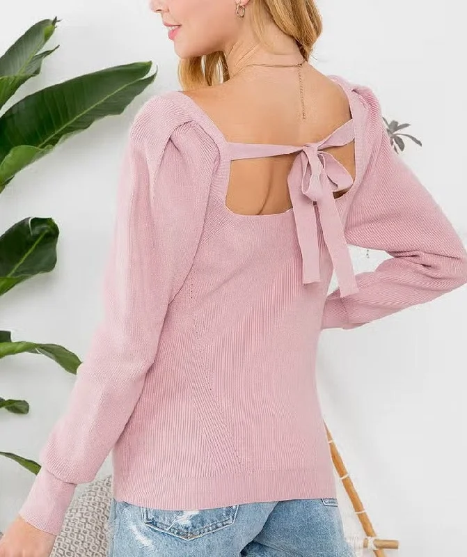 Women's/Junior Square Neck Bow Tie Back Sweater Knit Top - Rose Pink Soft Cozy Warm