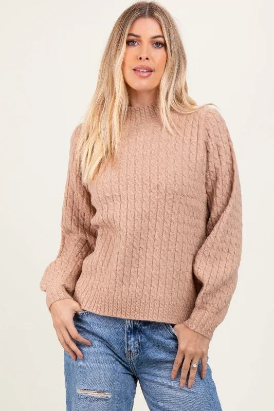 Mocha Cable Knit Mock Neck Bubble Sleeve Sweater Cashmere Blend Cotton Blend Poly Blend